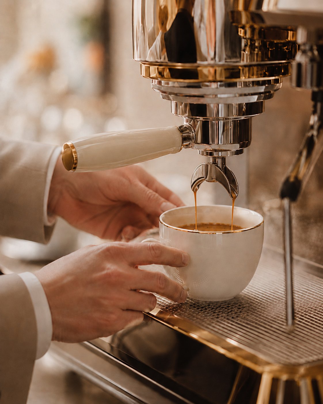 Extraction d'un espresso dans une tasse à filet doré, geste barista