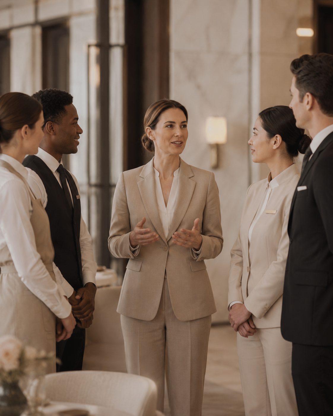 Manager échangeant avec son équipe dans un hall d'hôtel